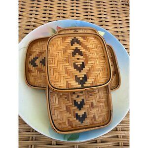 Vintage 70s Wicker Rattan Set of 5 coasters Barware Retro Boho